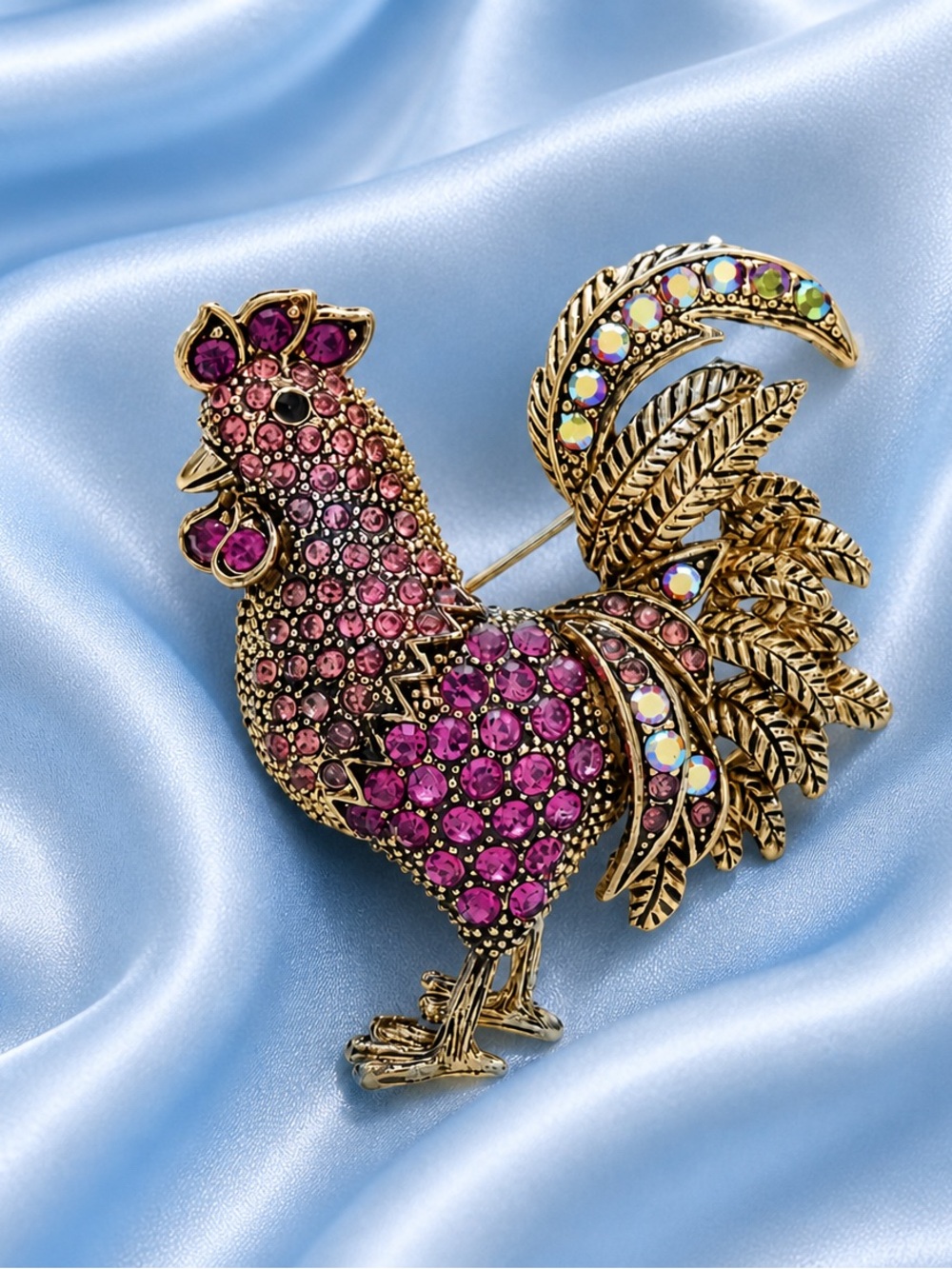 Vintage Glam Rooster Crystal Brooch
